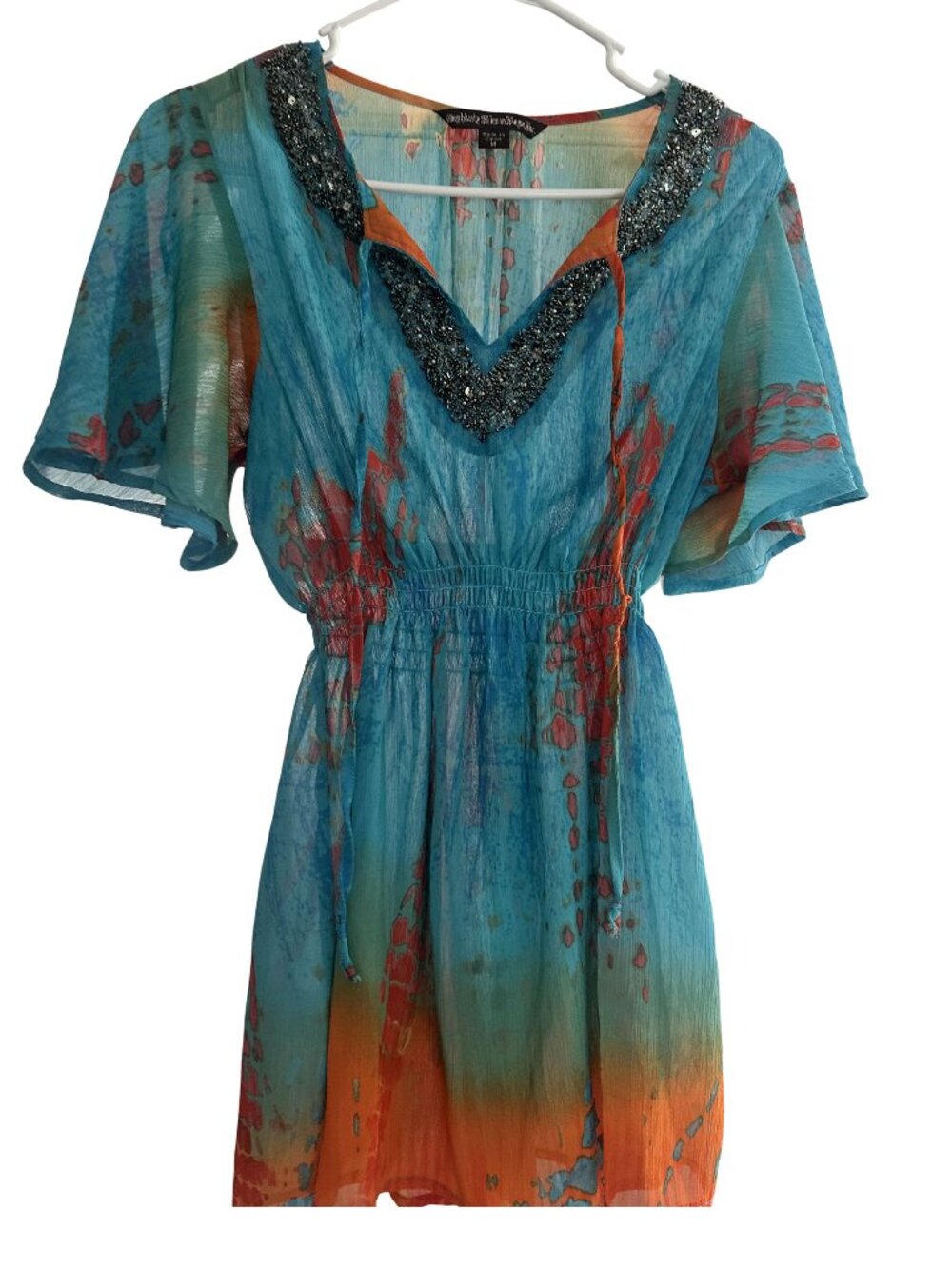 Mushka Hushkaby Sienna Rose Boho Maxi Dress Beaded V-Neck Sheer Chiffon Size M